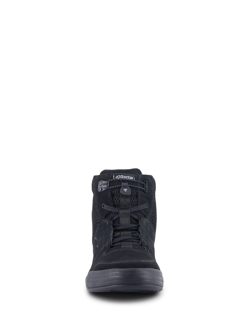 Alpinestars Chrome Air Shoe, scarpa da moto urbana, nero, vista frontale con tomaia in pelle scamosciata e mesh, chiusura con lacci elastici e design casual da sneaker high-top