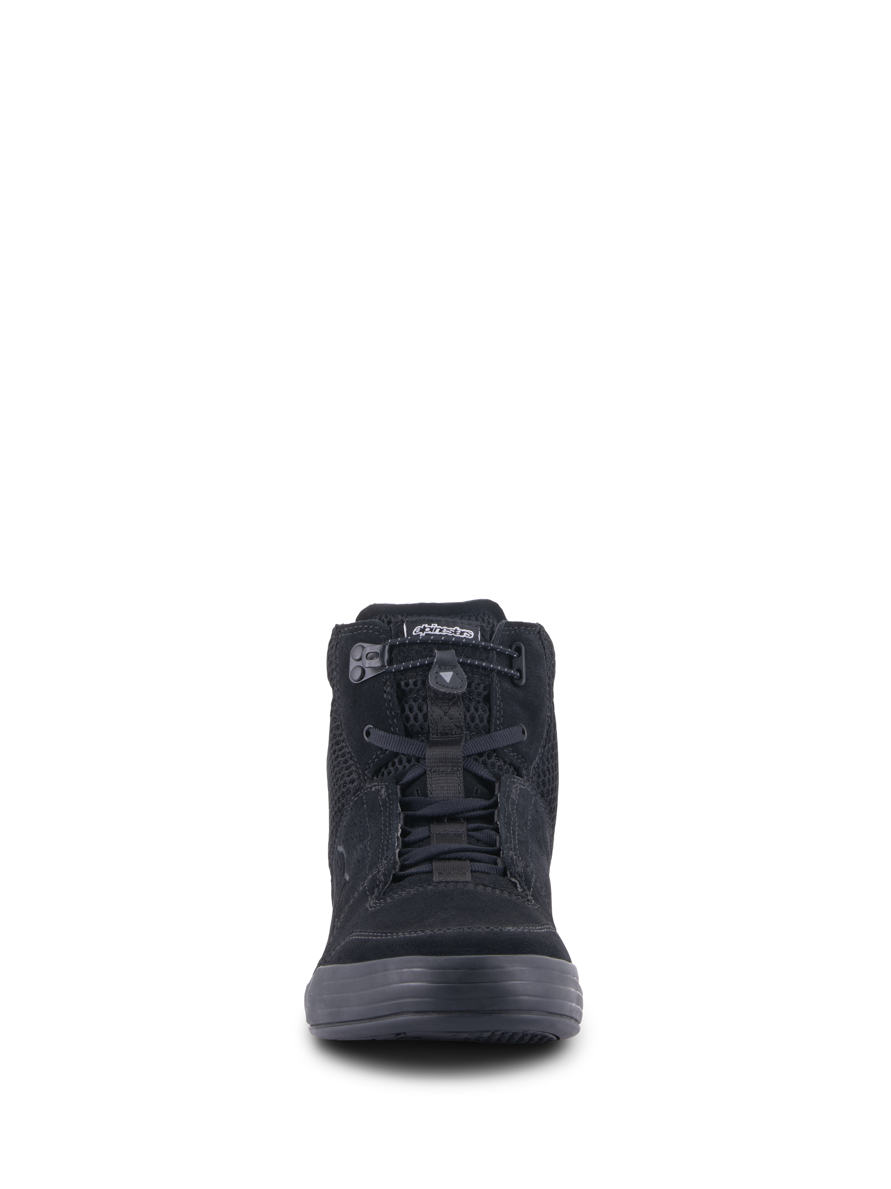 Alpinestars Chrome Air Shoe, scarpa da moto urbana, nero, vista frontale con tomaia in pelle scamosciata e mesh, chiusura con lacci elastici e design casual da sneaker high-top