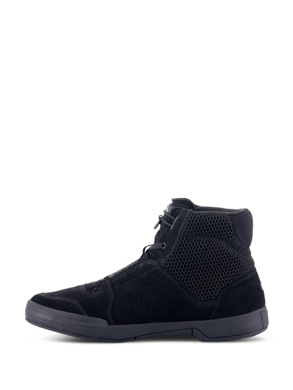 Alpinestars Chrome Air Shoe, scarpa da moto urbana, nero/nero, vista laterale, design sneaker alta con mesh traspirante e struttura in camoscio, suola in gomma piatta