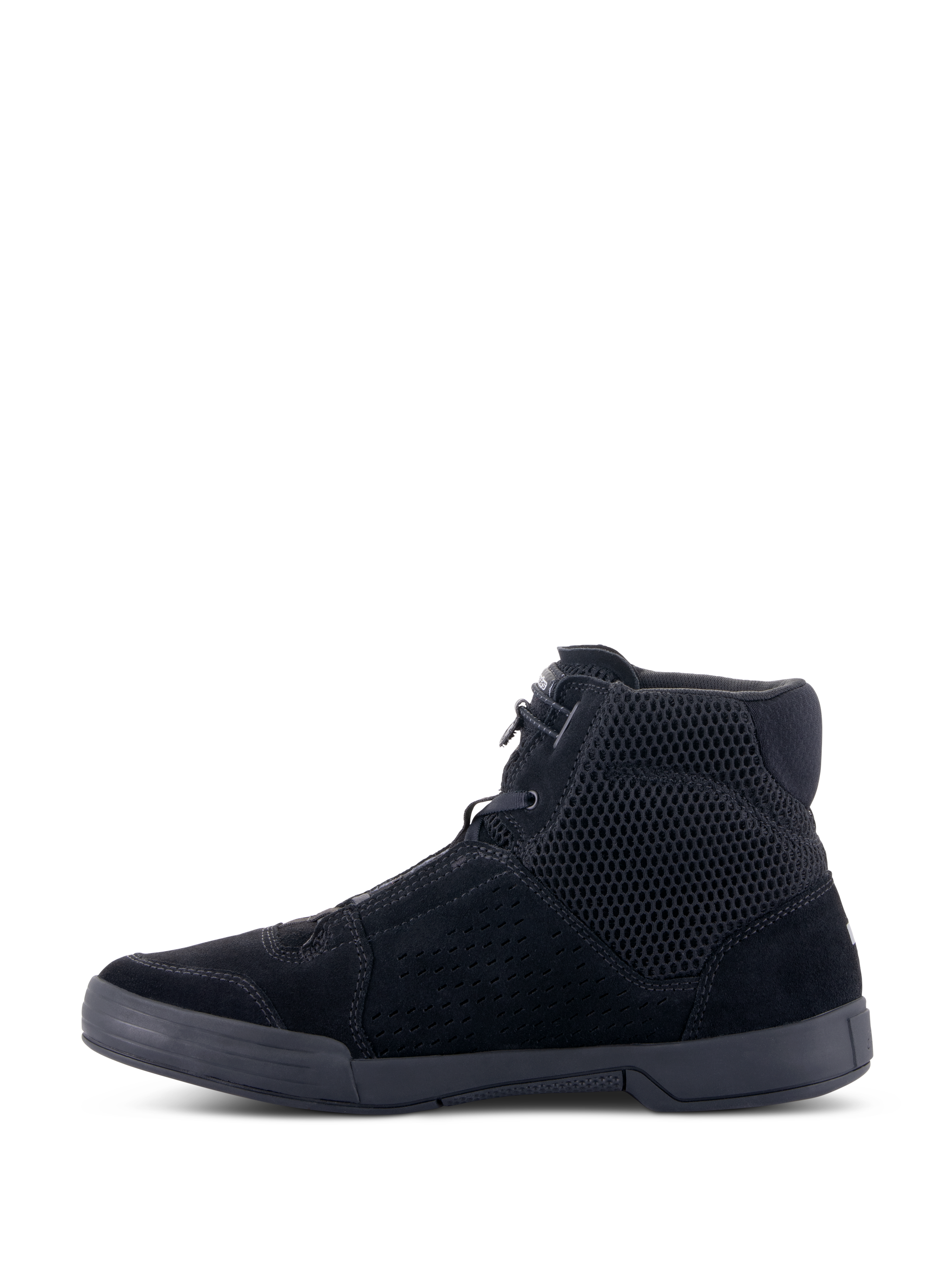 Alpinestars Chrome Air Shoe, scarpa da moto urbana, nero/nero, vista laterale, design sneaker alta con mesh traspirante e struttura in camoscio, suola in gomma piatta