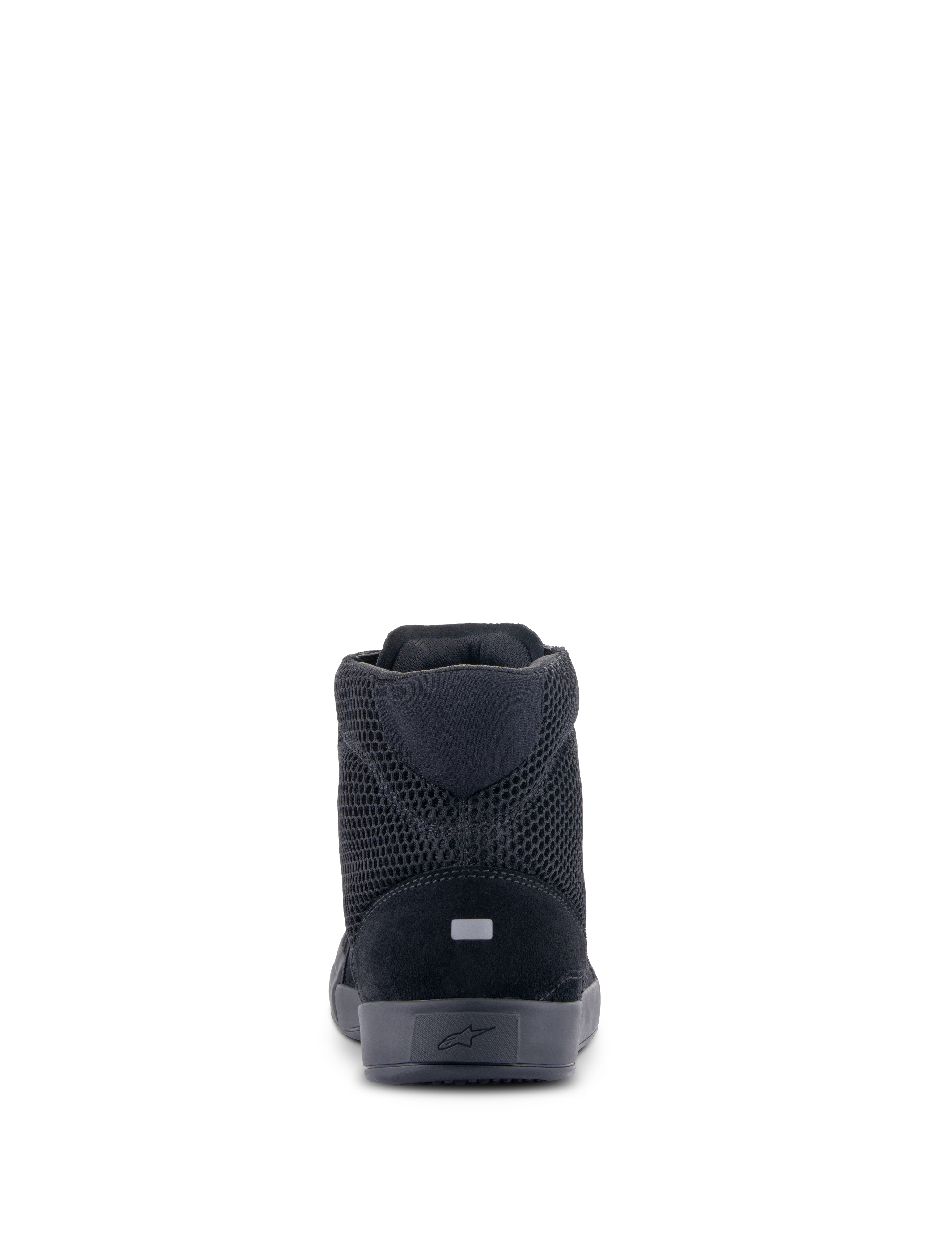 Alpinestars Chrome Air Shoe, scarpa da moto, nero, vista posteriore con mesh traspirante e tomaia in camoscio, dettaglio riflettente sul tallone, design urbano protettivo casual