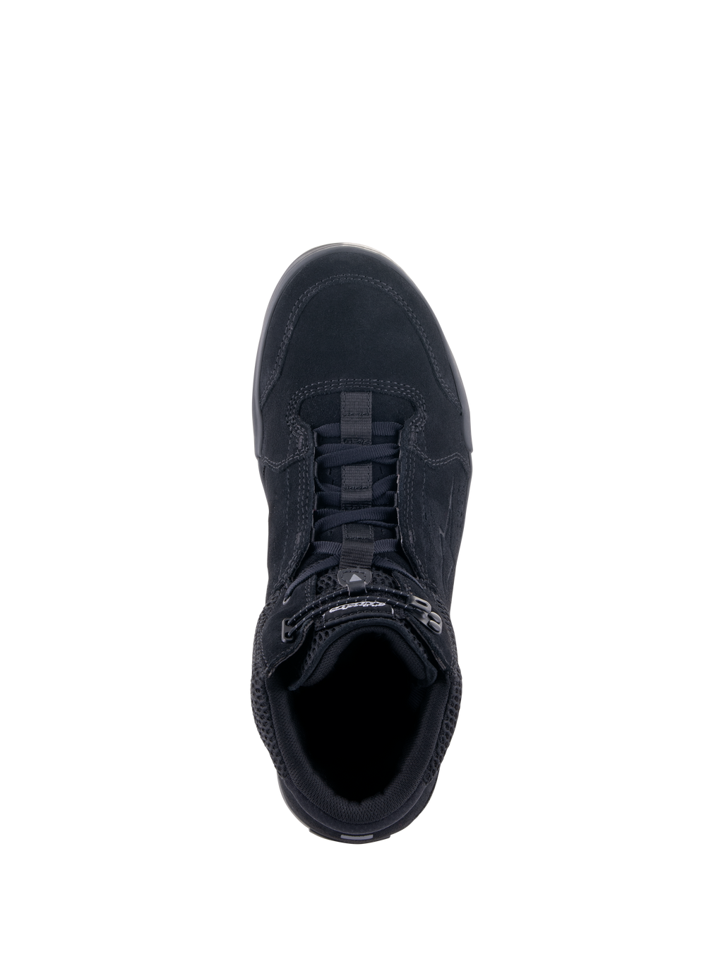 Alpinestars Chrome Air Shoe, scarpa da moto urbana, nero, vista dall'alto che mostra la tomaia in camoscio e mesh, sistema di allacciatura con chiusura elasticizzata, design da sneaker casual per il commuting urbano