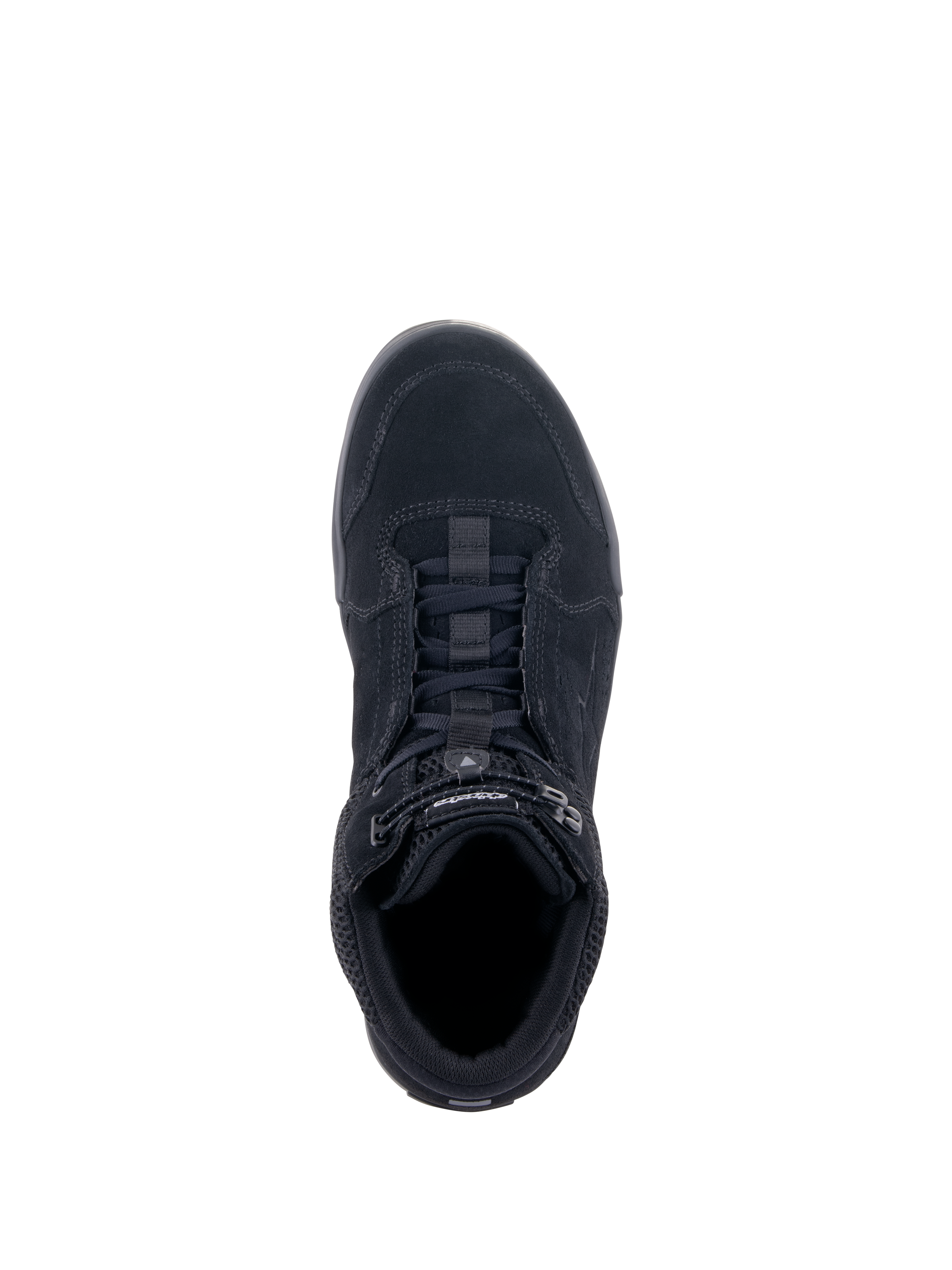Alpinestars Chrome Air Shoe, scarpa da moto urbana, nero, vista dall'alto che mostra la tomaia in camoscio e mesh, sistema di allacciatura con chiusura elasticizzata, design da sneaker casual per il commuting urbano