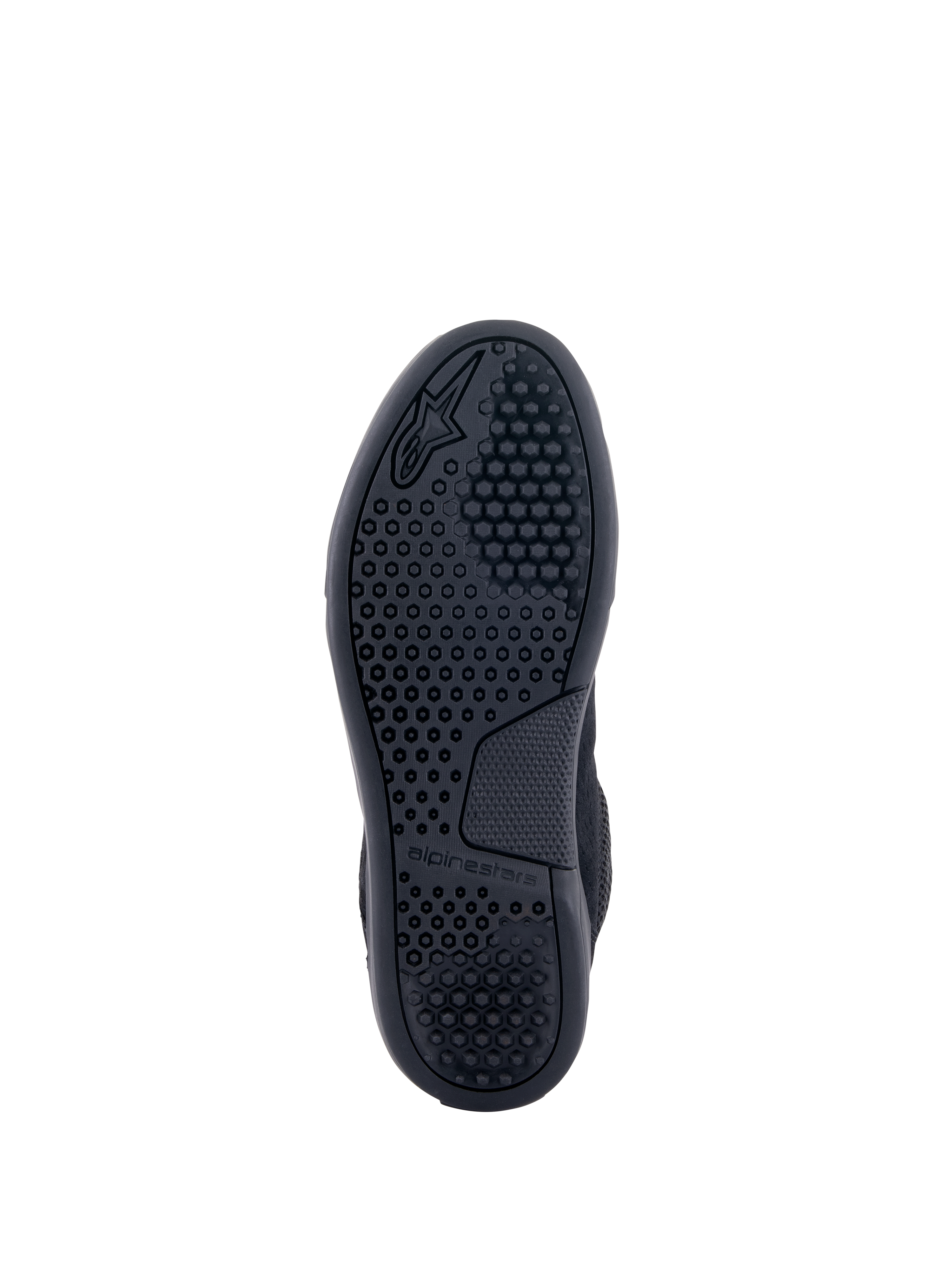 Scarpa Alpinestars Chrome Air, nera, vista dal basso che mostra la suola con un motivo di trazione esagonale dettagliato, logo e marchio Alpinestars in rilievo, suola in gomma resistente per la guida motociclistica urbana