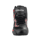 Scarpe Alpinestars FQ20 Faster-3 Rideknit®, scarpe da moto, nero e rosso acceso, vista frontale con chiusura a lacci e cinturino alla caviglia a strappo con marchio Alpinestars, stampa grafica sui lati, profilo sportivo ispirato alle corse