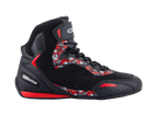 Alpinestars FQ20 Faster-3 Rideknit Shoes, scarpe da moto high-top nere con grafiche in rosso acceso e bianco, loghi e motivi di Fabio Quartararo, tomaia in mesh a maglia con lacci e cinturino alla caviglia, suola sportiva in gomma con accenti rossi, design filante ispirato alle corse