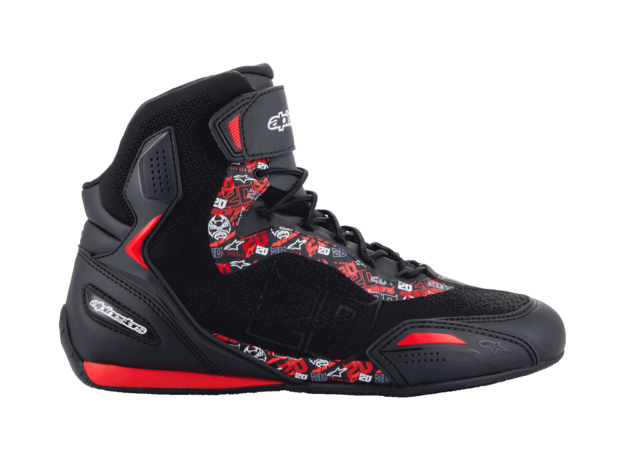 Alpinestars FQ20 Faster-3 Rideknit Shoes, scarpe da moto high-top nere con grafiche in rosso acceso e bianco, loghi e motivi di Fabio Quartararo, tomaia in mesh a maglia con lacci e cinturino alla caviglia, suola sportiva in gomma con accenti rossi, design filante ispirato alle corse