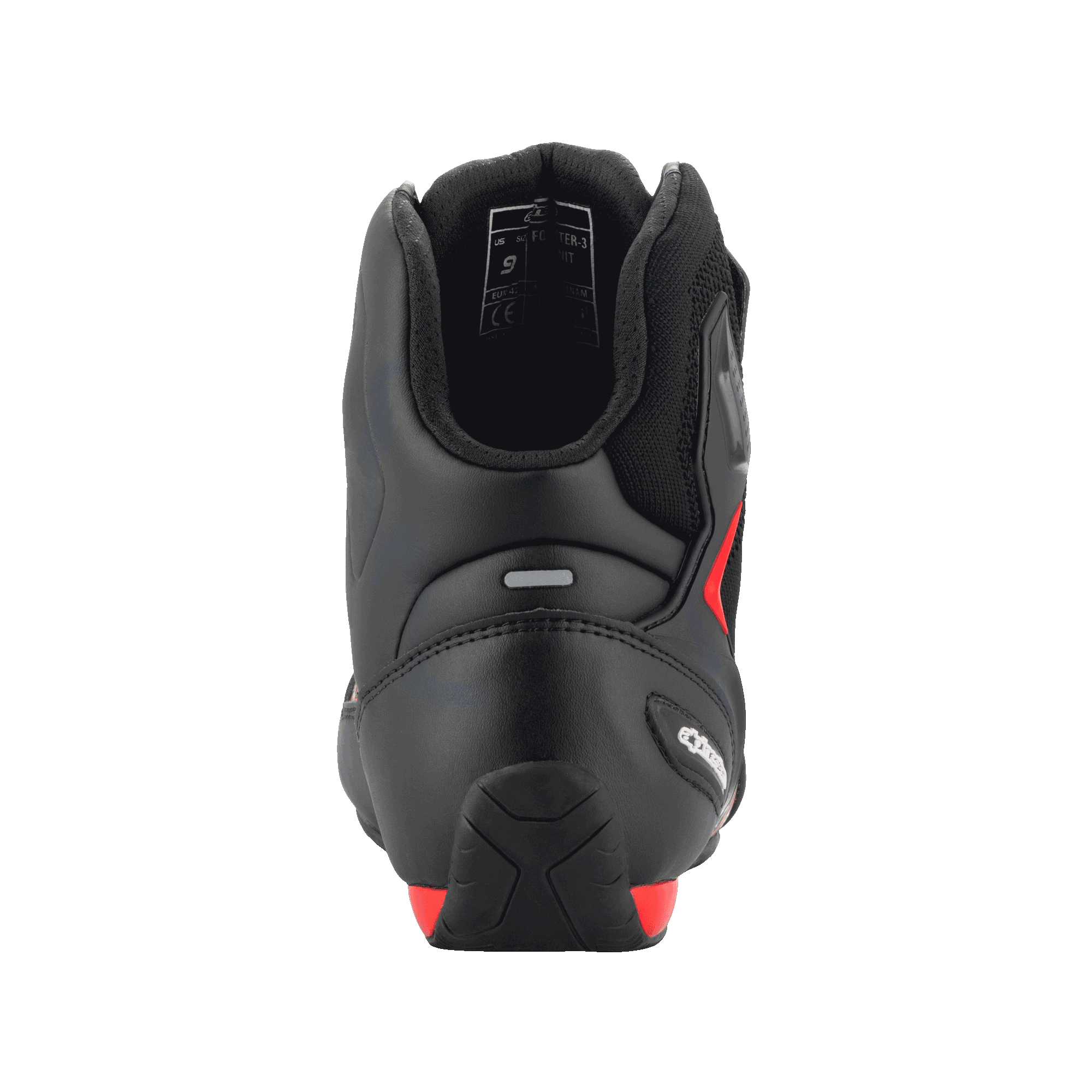 Scarpe Alpinestars FQ20 Faster-3 Rideknit®, nero e rosso acceso, vista posteriore che evidenzia il contrafforte sagomato del tallone, la striscia riflettente e il collarino imbottito della caviglia, calzatura tecnica da moto