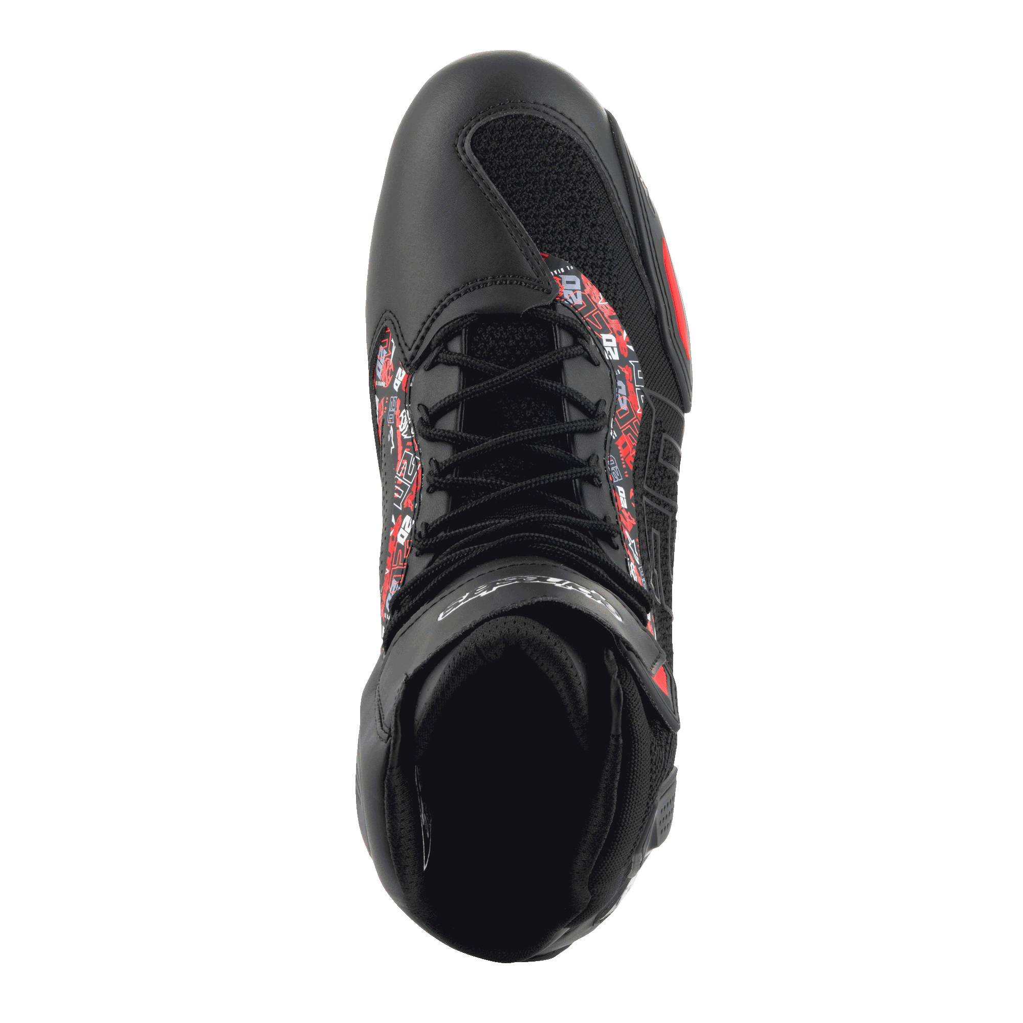 Scarpe Alpinestars FQ20 Faster-3 Rideknit®, vista dall'alto, nero e rosso brillante, design sportivo con lacci e mesh traspirante, con accenti grafici rossi e bianchi sui lati, calzature da moto per uso urbano e sportivo