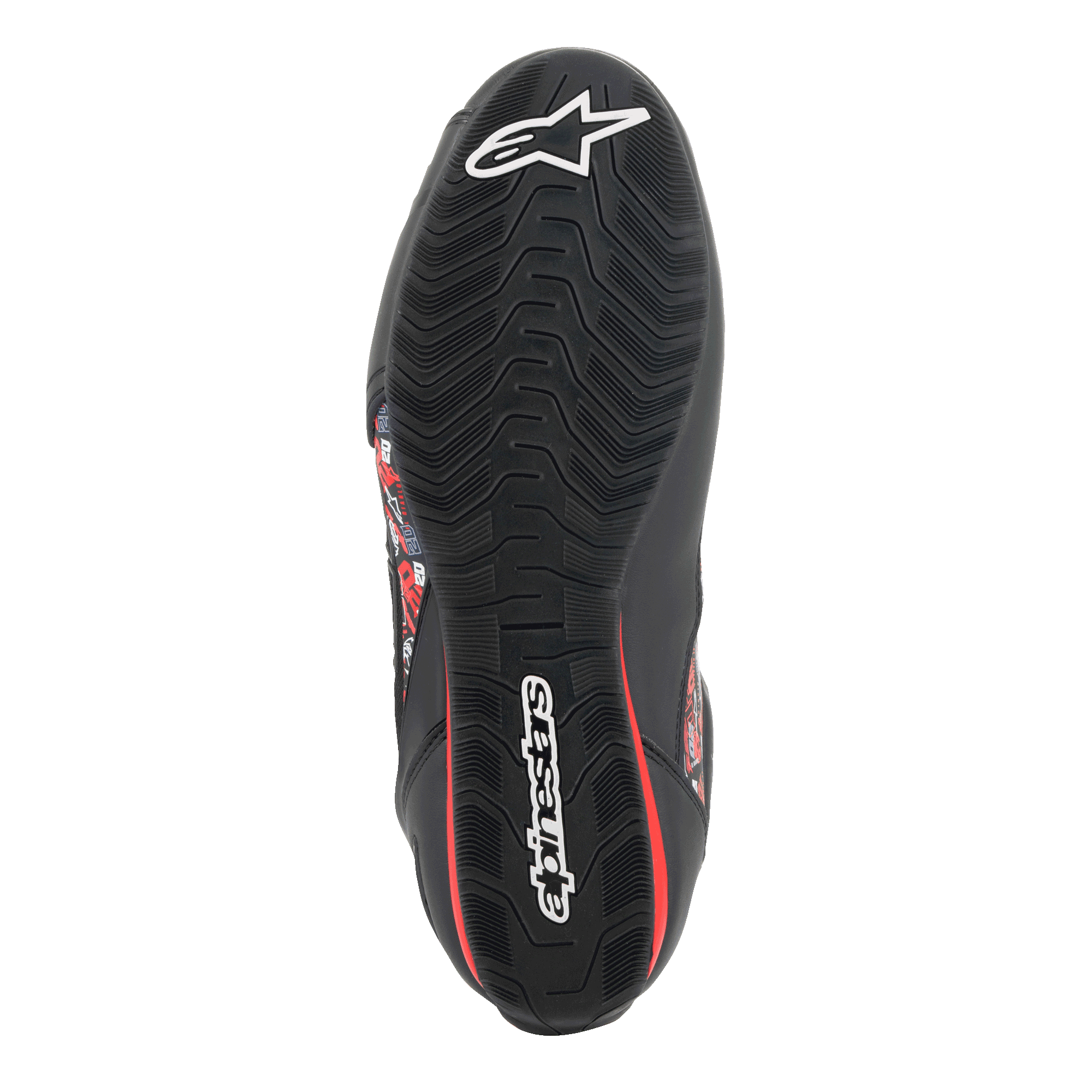 Scarpe Alpinestars FQ20 Faster-3 Rideknit®, vista dal basso della suola in gomma testurizzata, nera con loghi Alpinestars bianchi e accenti rossi, progettata per grip e stabilità sui comandi della moto