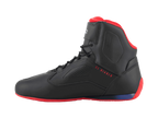 Scarpe Alpinestars FQ20 Faster-3 Rideknit®, scarpe da moto, nero, rosso brillante e blu, vista laterale con scritta 'EL DIABLO' in rosso, suola e fodera del colletto rosse, costruzione in mesh traspirante e microfibra con pannelli laterali traforati.