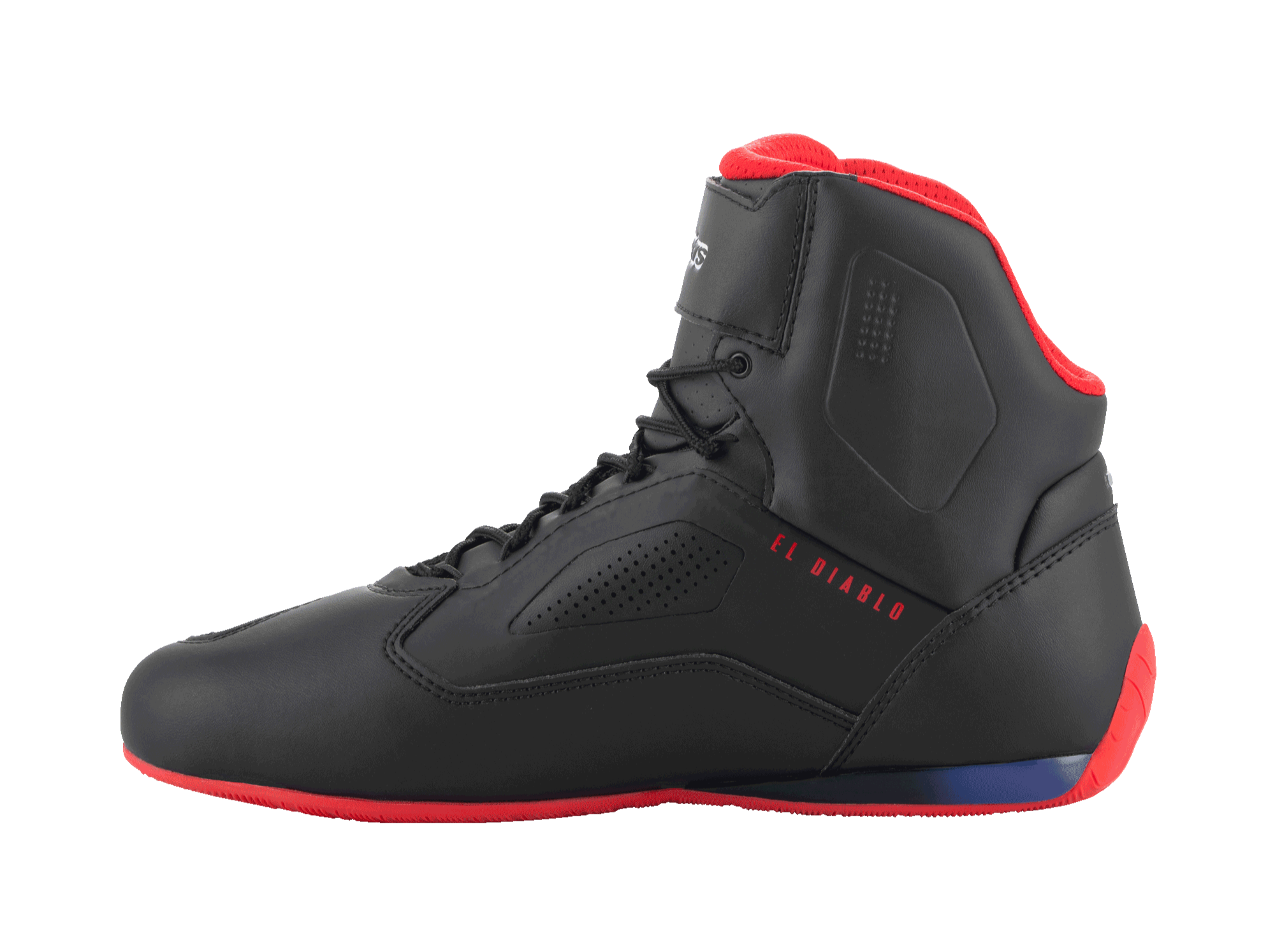 Scarpe Alpinestars FQ20 Faster-3 Rideknit®, scarpe da moto, nero, rosso brillante e blu, vista laterale con scritta 'EL DIABLO' in rosso, suola e fodera del colletto rosse, costruzione in mesh traspirante e microfibra con pannelli laterali traforati.