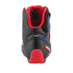 Scarpe Alpinestars FQ20 Faster-3 Rideknit®, scarpe da moto, nero, rosso acceso e blu, vista posteriore con contrafforte del tallone in TPR rosso, fodera in mesh rosso imbottita e striscia riflettente, design sportivo per guida su strada