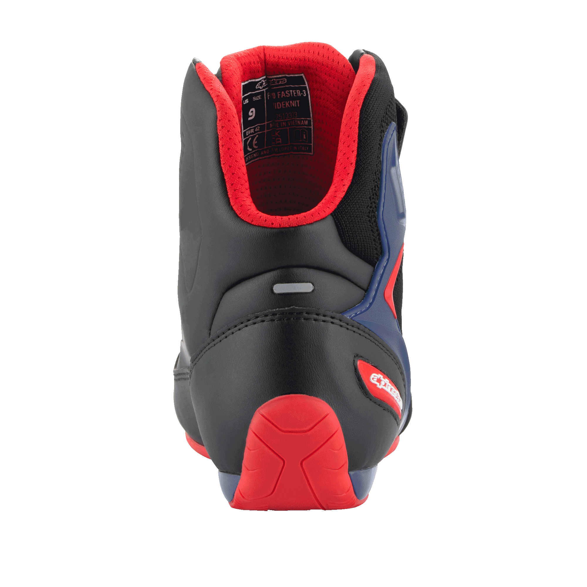 Scarpe Alpinestars FQ20 Faster-3 Rideknit®, scarpe da moto, nero, rosso acceso e blu, vista posteriore con contrafforte del tallone in TPR rosso, fodera in mesh rosso imbottita e striscia riflettente, design sportivo per guida su strada