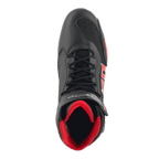 Scarpe Alpinestars FQ20 Faster-3 Rideknit®, scarpe da moto, nero con accenti rosso acceso e blu, vista dall'alto con mesh traspirante Rideknit®, design stringato e interno imbottito rosso