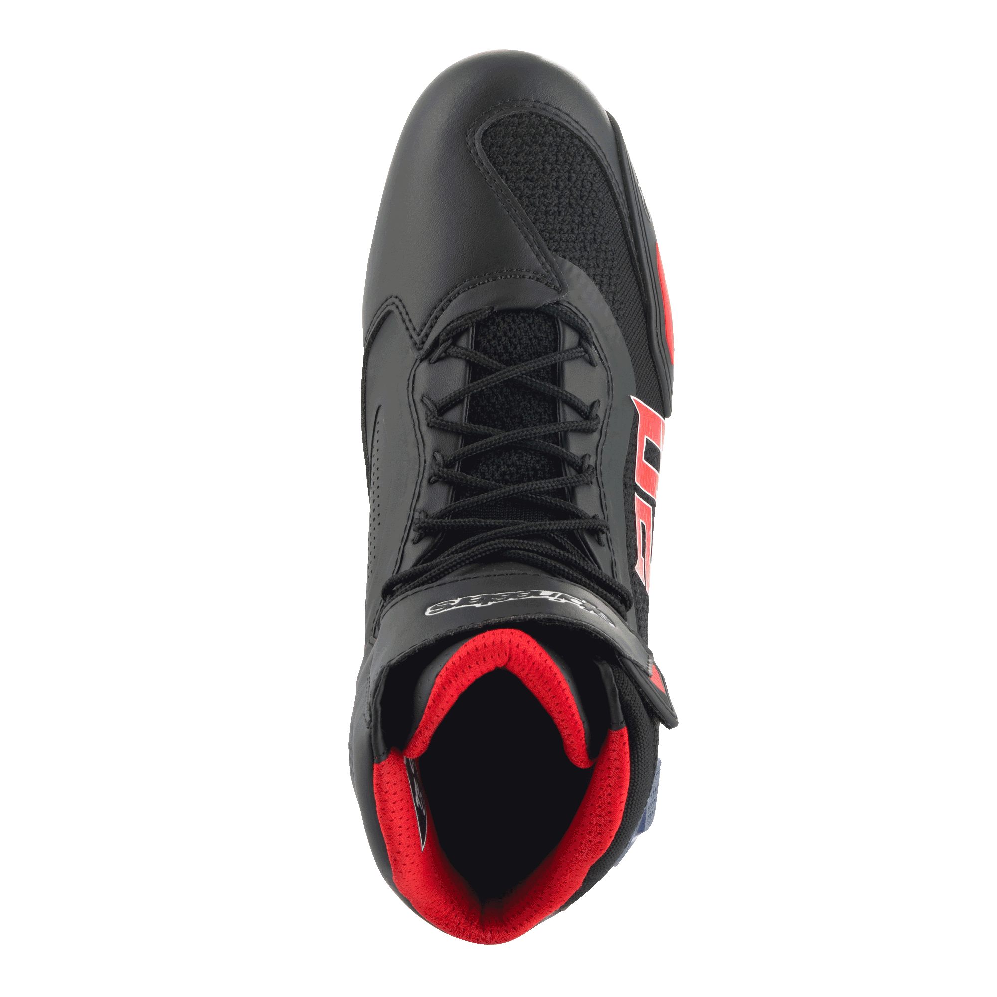 Scarpe Alpinestars FQ20 Faster-3 Rideknit®, scarpe da moto, nero con accenti rosso acceso e blu, vista dall'alto con mesh traspirante Rideknit®, design stringato e interno imbottito rosso