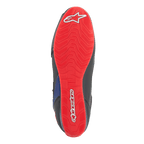 Scarpe Alpinestars FQ20 Faster-3 Rideknit®, vista dal basso della suola, rosso acceso con logo e scritta Alpinestars in bianco, trama grip testurizzata per la guida in moto.