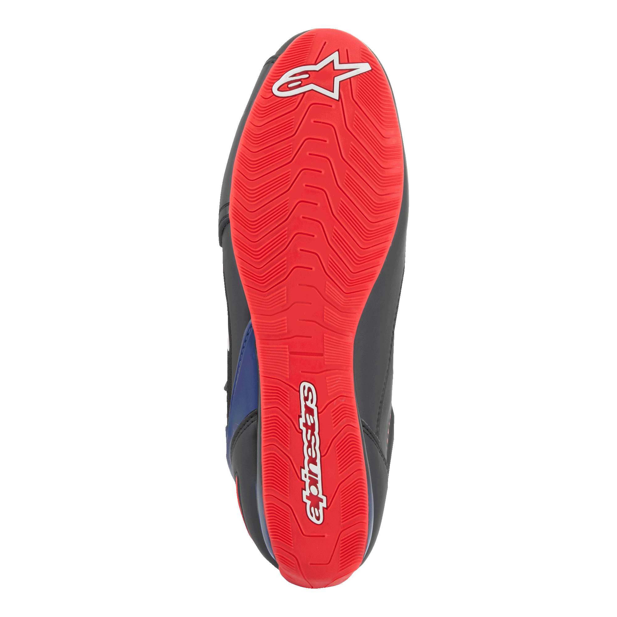 Scarpe Alpinestars FQ20 Faster-3 Rideknit®, vista dal basso della suola, rosso acceso con logo e scritta Alpinestars in bianco, trama grip testurizzata per la guida in moto.