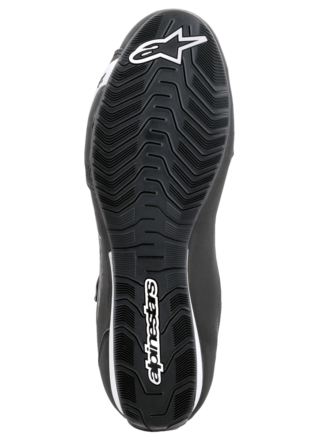 Alpinestars Sektor Shoes, scarpe da moto, nero e bianco, vista inferiore della suola in gomma testurizzata con motivo ondulato del battistrada, con logo Alpinestars e simbolo della stella in bianco.