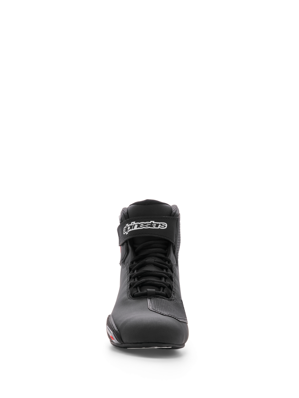 Scarpa Alpinestars Sektor, scarpa da moto, nero, vista frontale che mostra il telaio in microfibra, il sistema di allacciatura rapida e il cinturino alla caviglia con logo Alpinestars bianco, design sportivo ed elegante per la guida su strada
