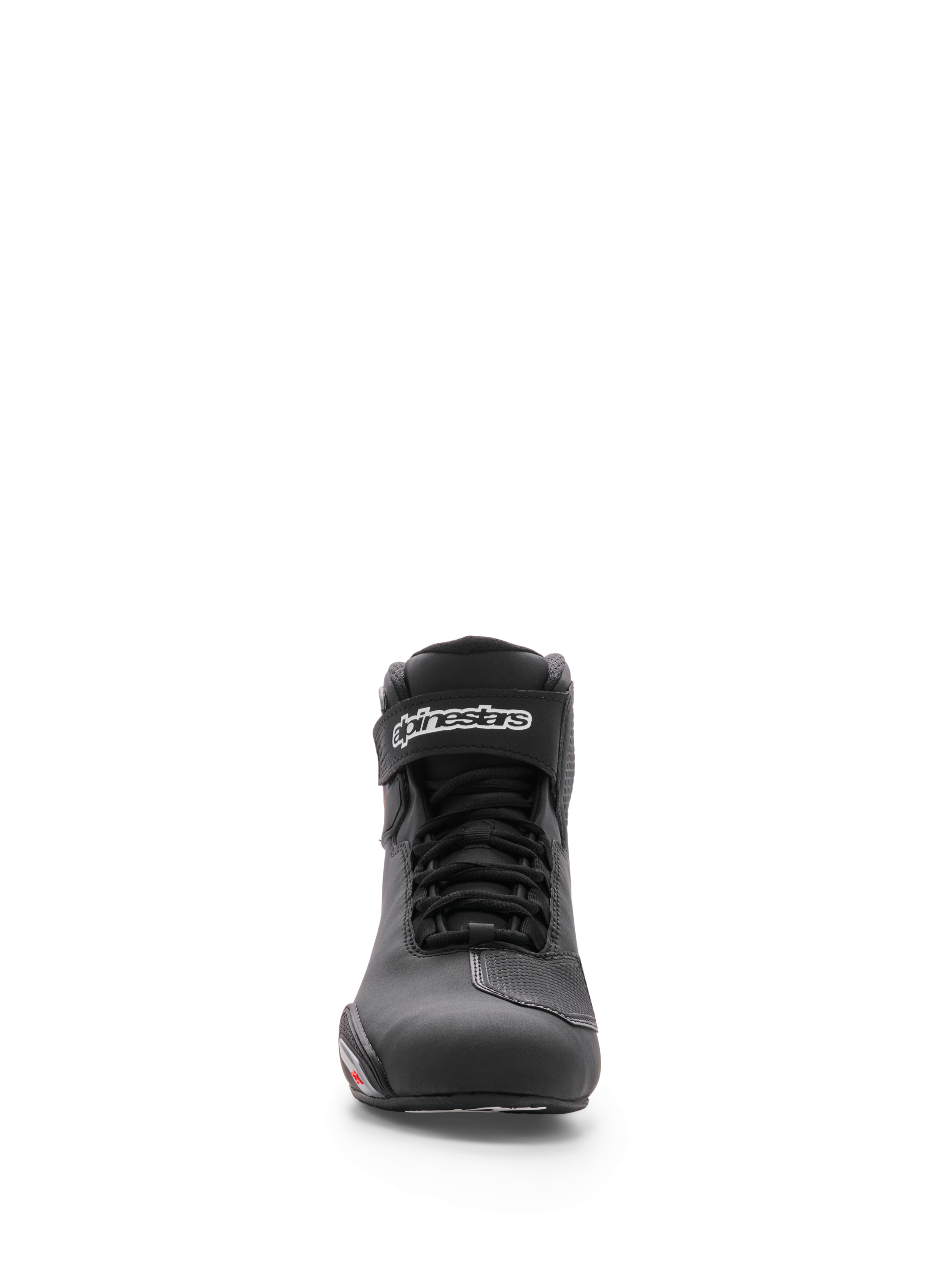 Scarpa Alpinestars Sektor, scarpa da moto, nero, vista frontale che mostra il telaio in microfibra, il sistema di allacciatura rapida e il cinturino alla caviglia con logo Alpinestars bianco, design sportivo ed elegante per la guida su strada