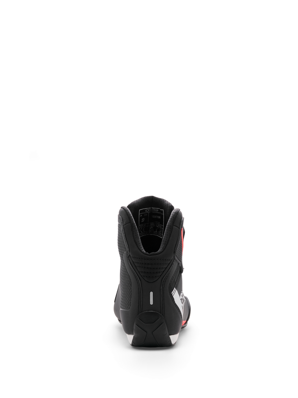Scarpa Alpinestars Sektor, scarpe da moto, nero bianco rosso fluo, vista posteriore focalizzata sul tallone e sull'imbottitura interna della caviglia, elegante finitura in microfibra per uso sportivo e stradale