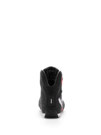Scarpa Alpinestars Sektor, scarpe da moto, nero bianco rosso fluo, vista posteriore focalizzata sul tallone e sull'imbottitura interna della caviglia, elegante finitura in microfibra per uso sportivo e stradale