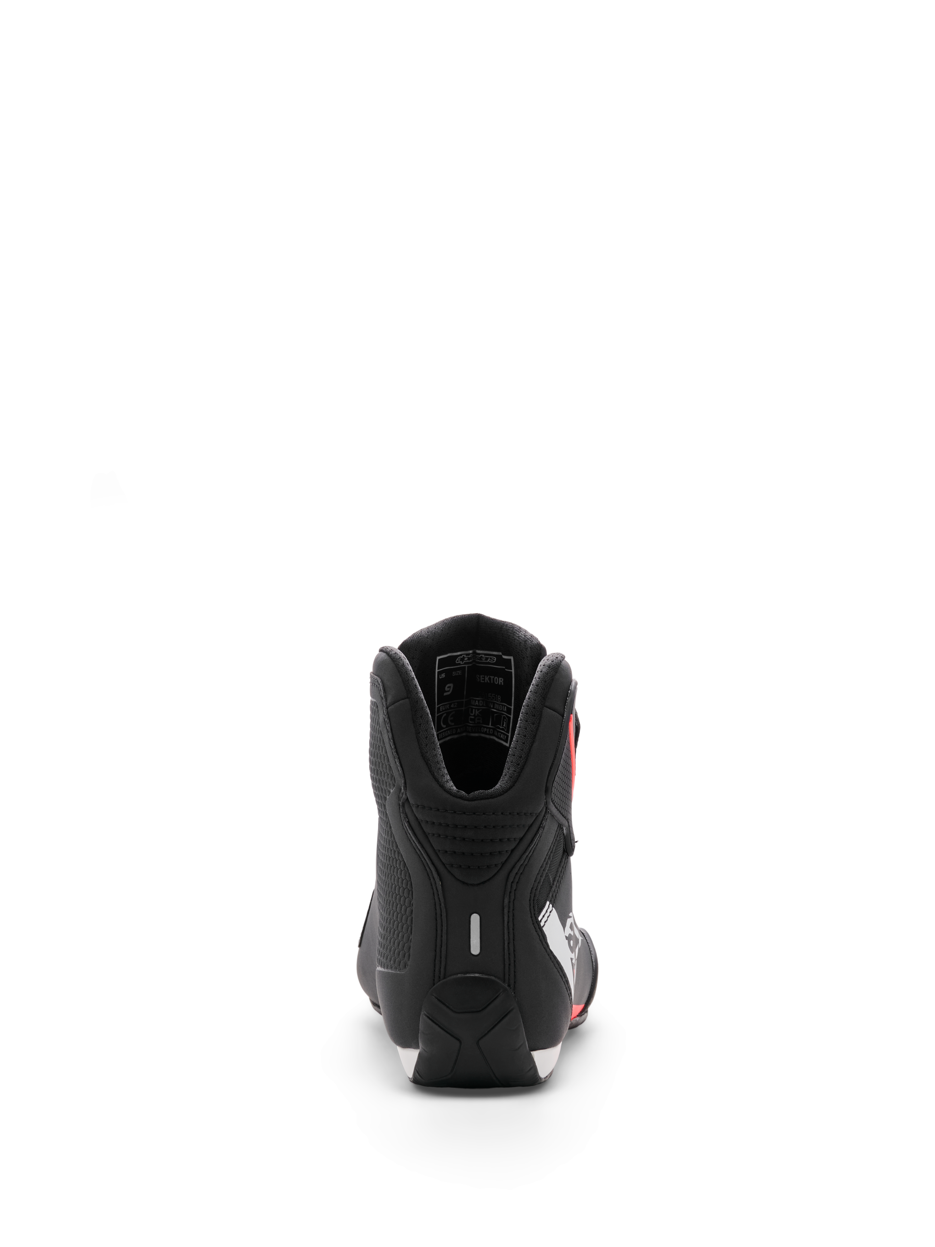 Scarpa Alpinestars Sektor, scarpe da moto, nero bianco rosso fluo, vista posteriore focalizzata sul tallone e sull'imbottitura interna della caviglia, elegante finitura in microfibra per uso sportivo e stradale