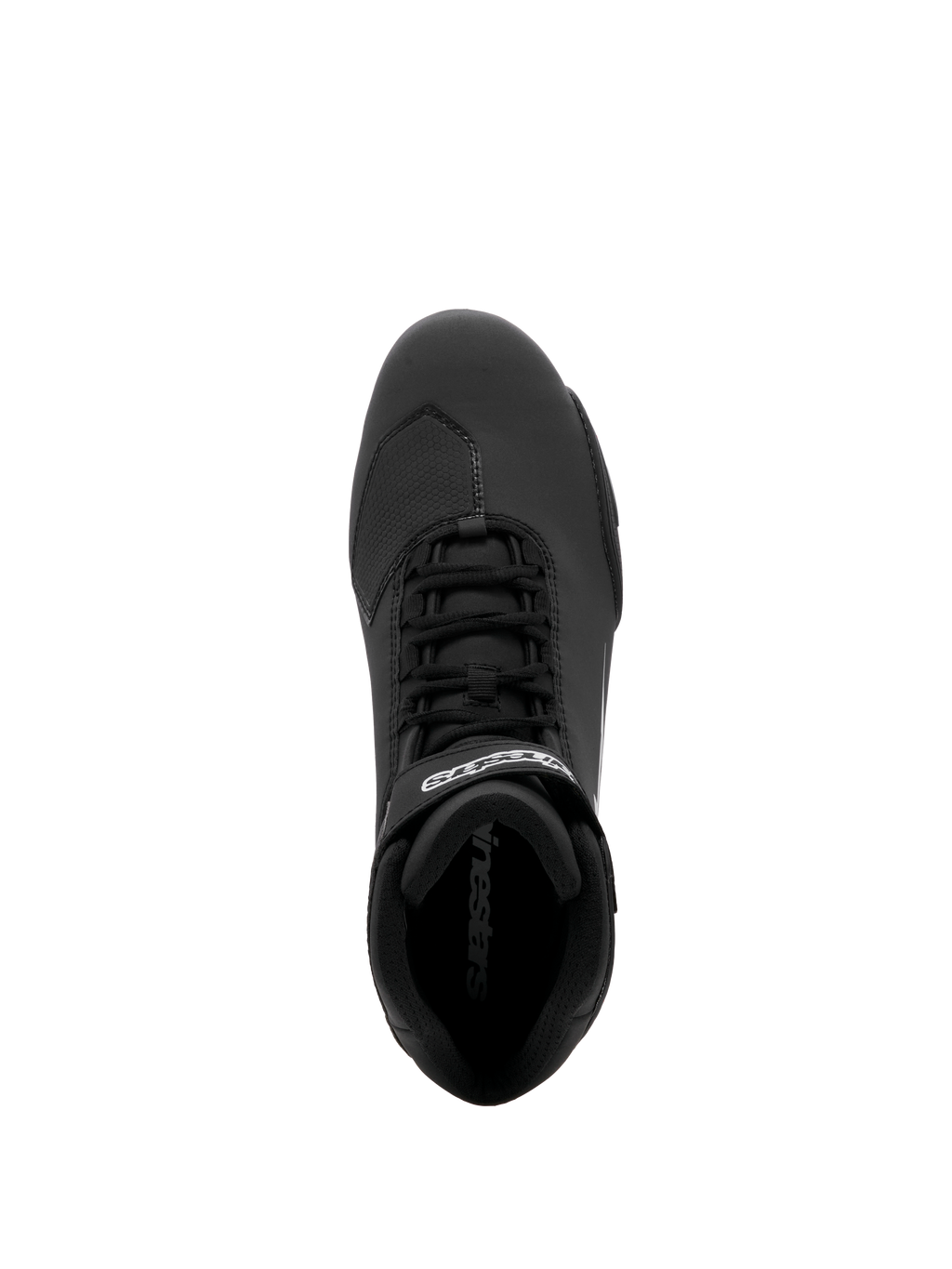Alpinestars Sektor Shoe, scarpa da moto, nero, vista dall'alto con sistema di allacciatura rapida e cinturino alla caviglia con logo bianco, struttura in microfibra leggera