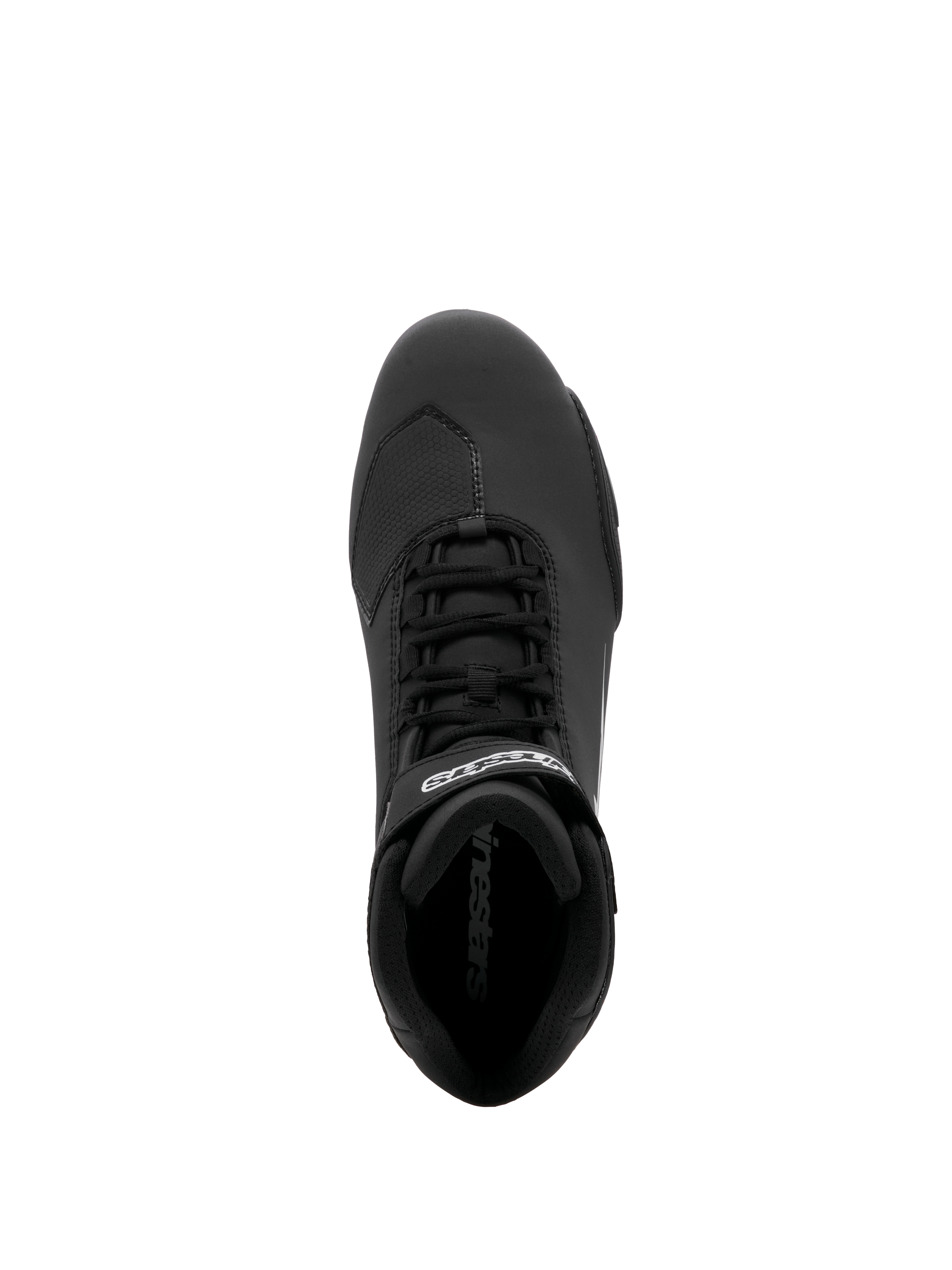 Alpinestars Sektor Shoe, scarpa da moto, nero, vista dall'alto con sistema di allacciatura rapida e cinturino alla caviglia con logo bianco, struttura in microfibra leggera