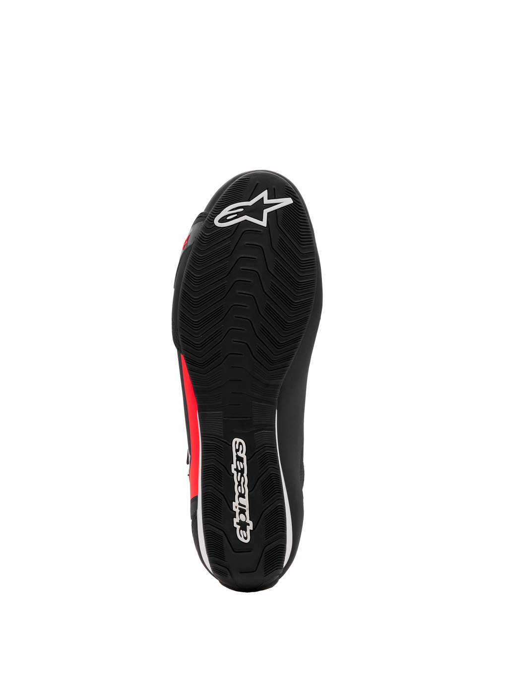 Alpinestars Sektor Shoe, scarpe da moto, nero bianco e rosso fluo, vista dal basso con suola in gomma testurizzata, loghi bianchi e dettagli rossi, design leggero per guida su strada