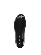 Alpinestars Sektor Shoe, scarpe da moto, nero bianco e rosso fluo, vista dal basso con suola in gomma testurizzata, loghi bianchi e dettagli rossi, design leggero per guida su strada