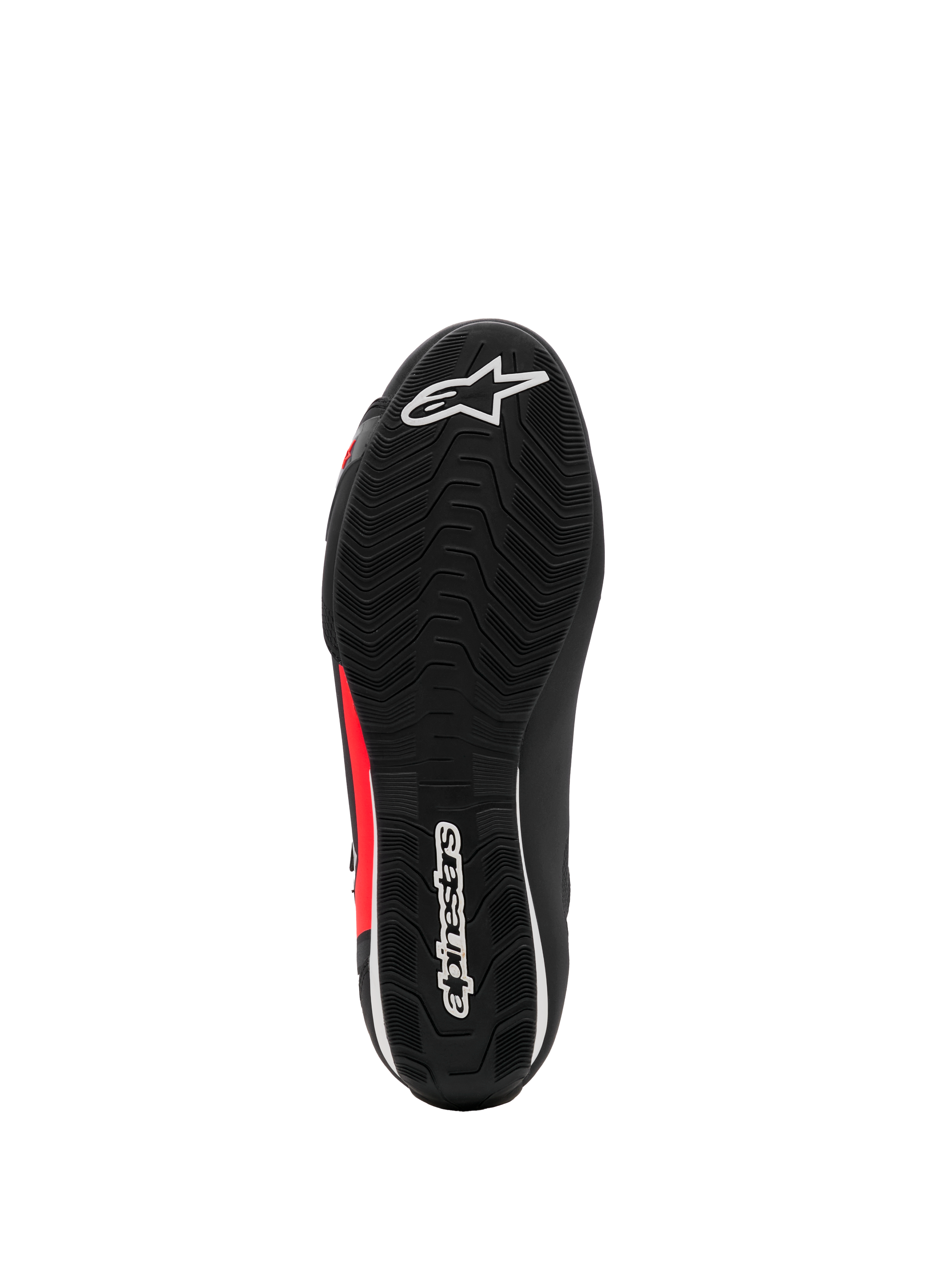 Alpinestars Sektor Shoe, scarpe da moto, nero bianco e rosso fluo, vista dal basso con suola in gomma testurizzata, loghi bianchi e dettagli rossi, design leggero per guida su strada