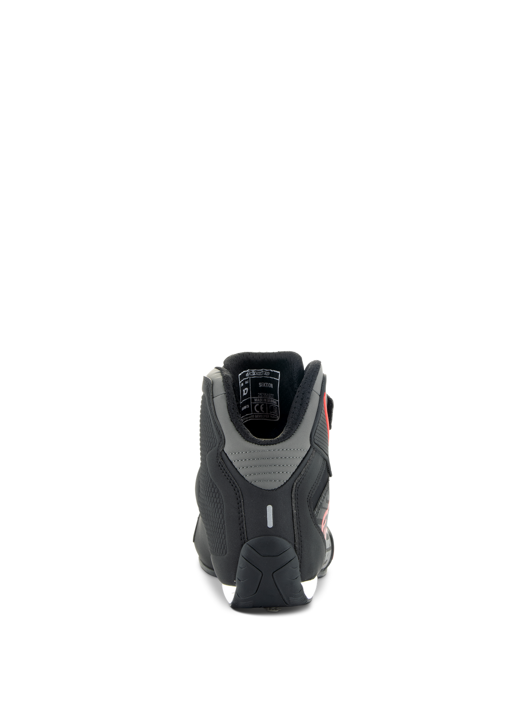 Scarpe Alpinestars Sektor, scarpe da moto, nero e rosso brillante, vista posteriore con pannelli grigi sul tallone e striscia riflettente, costruzione in microfibra leggera per guida su strada