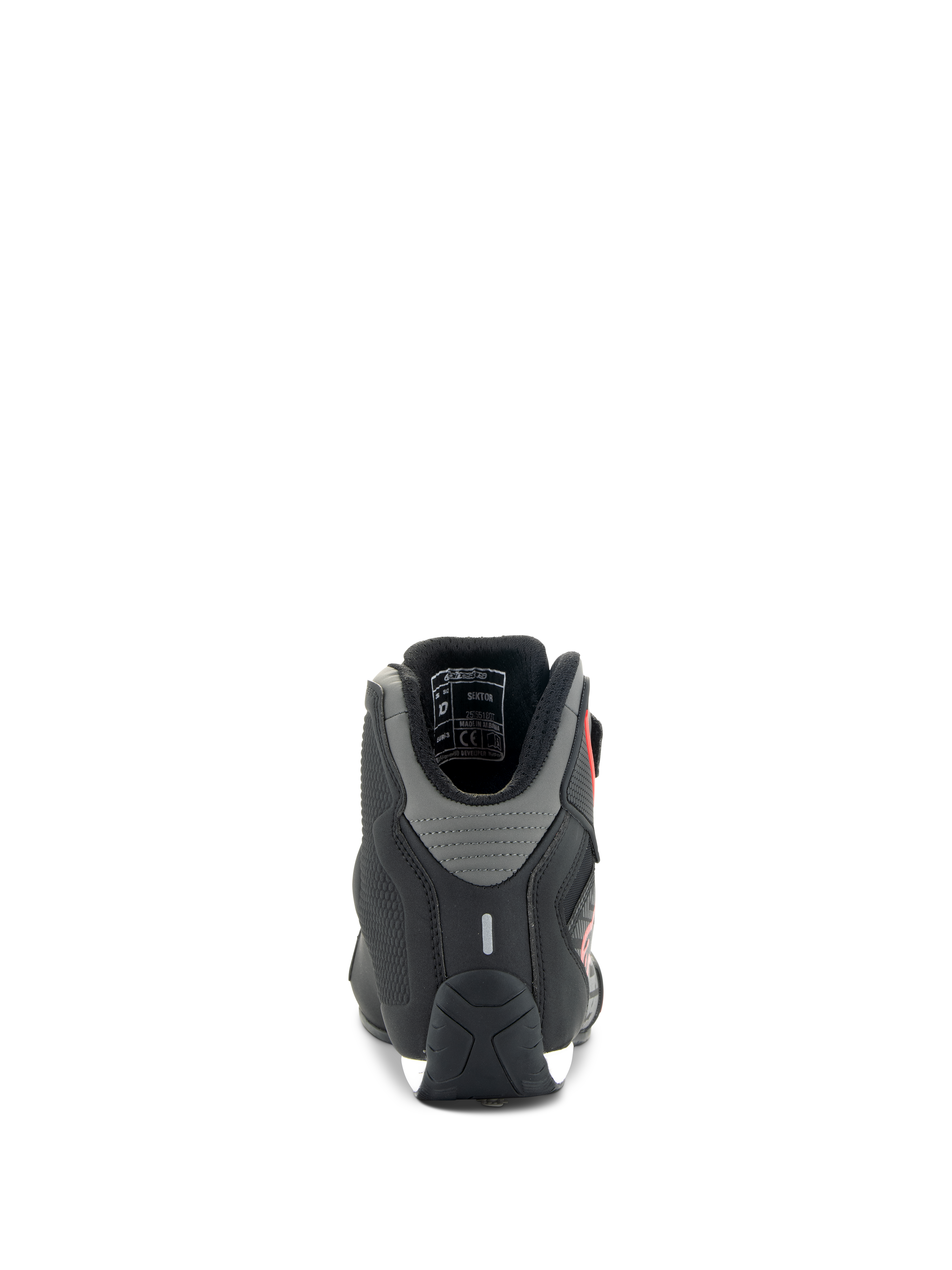 Scarpe Alpinestars Sektor, scarpe da moto, nero e rosso brillante, vista posteriore con pannelli grigi sul tallone e striscia riflettente, costruzione in microfibra leggera per guida su strada