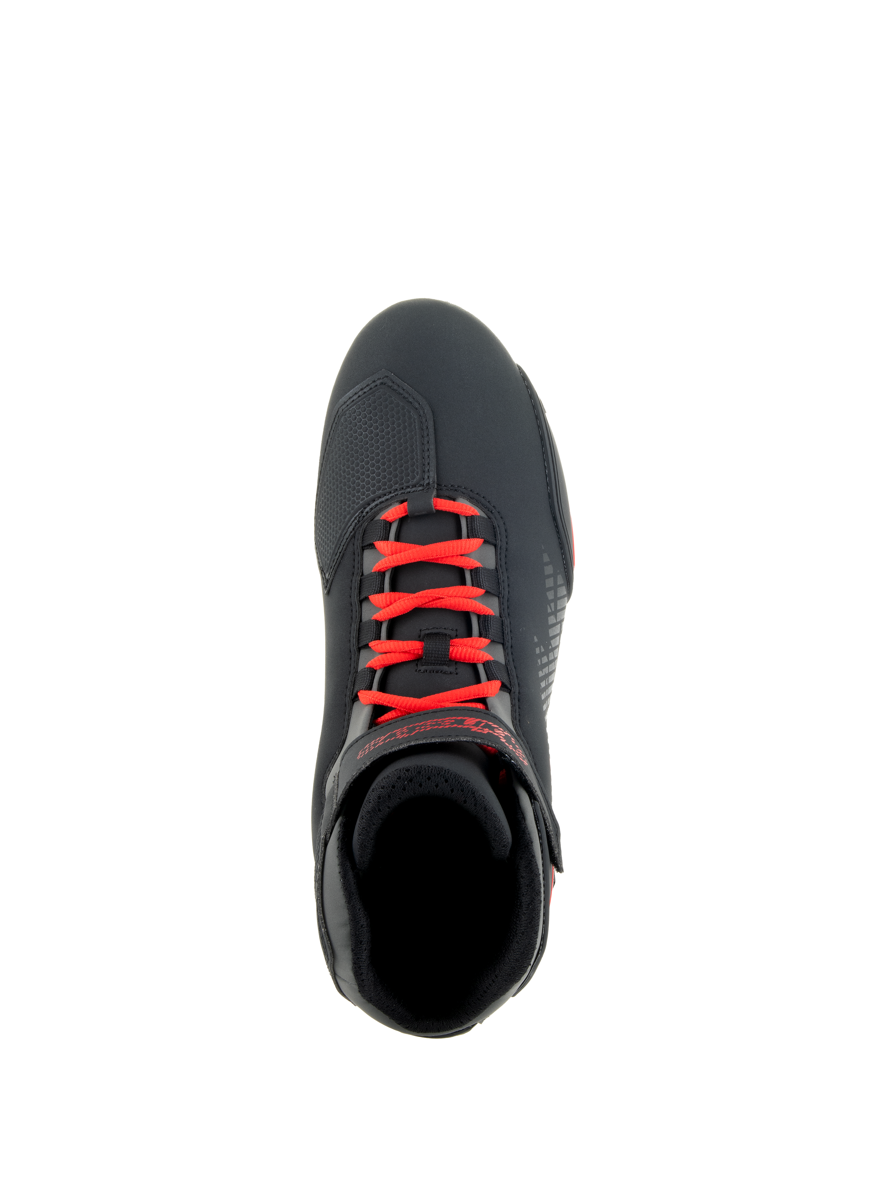 Scarpe Alpinestars Sektor, nero e rosso brillante, vista dall'alto di scarpa tecnica da moto, lacci rosso brillante e cinturino regolabile sulla caviglia, tomaia in microfibra con rinforzo per il cambio, design sportivo da strada