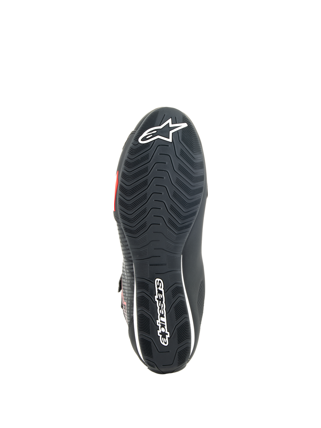 Scarpe Alpinestars Sektor, scarpe da moto, nero e rosso brillante, vista inferiore della suola in gomma testurizzata con logo Alpinestars bianco e fusto di supporto integrato per grip e stabilità.