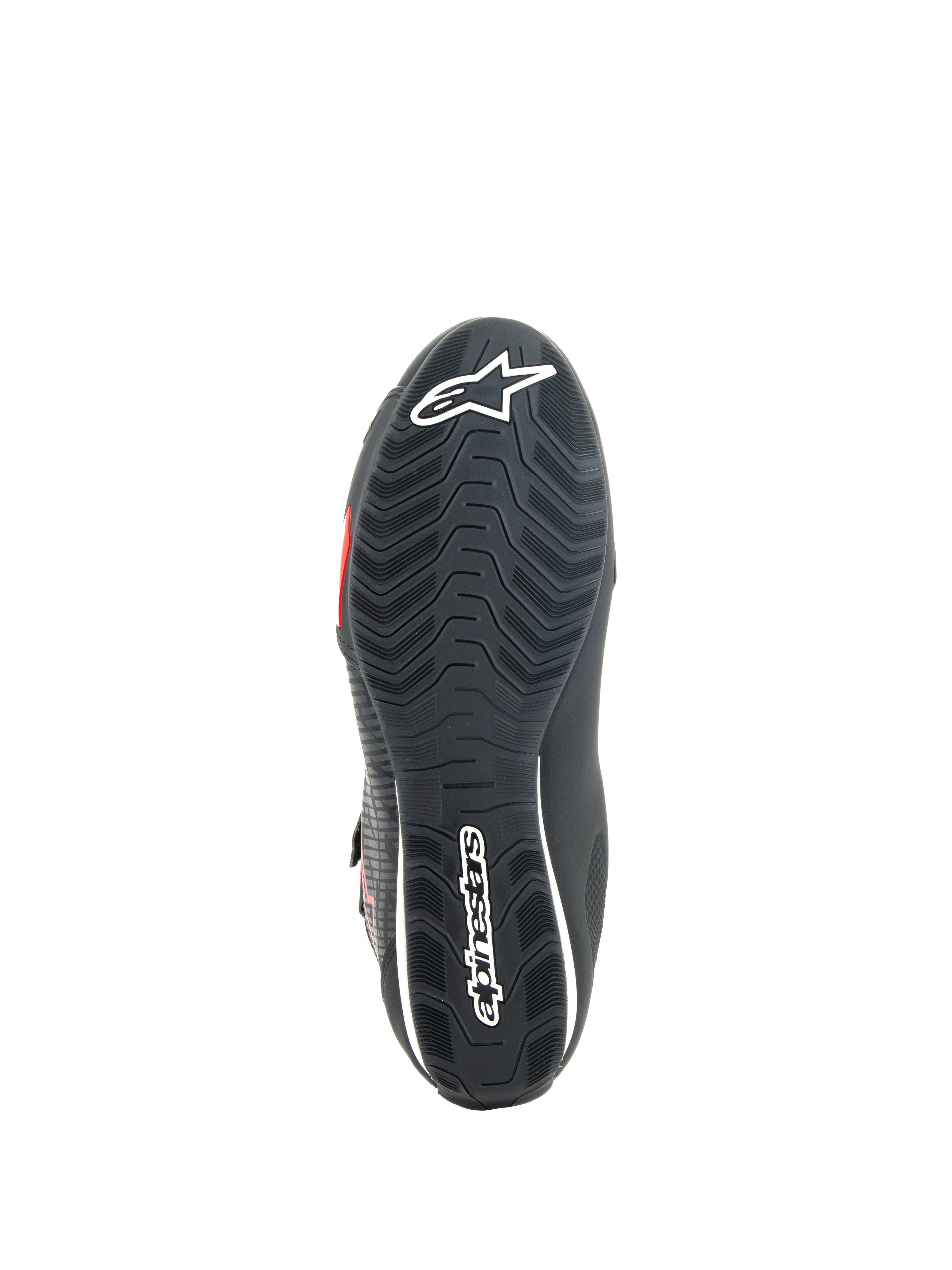 Scarpe Alpinestars Sektor, scarpe da moto, nero e rosso brillante, vista inferiore della suola in gomma testurizzata con logo Alpinestars bianco e fusto di supporto integrato per grip e stabilità.