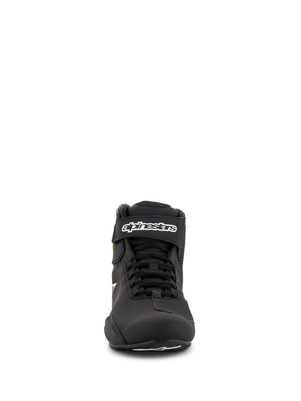 Alpinestars Sektor Shoes, scarpe da moto, nero e giallo fluo, vista frontale con sistema di allacciatura rapida, cinturino alla caviglia con logo bianco e struttura in microfibra leggera