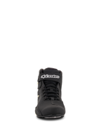 Alpinestars Sektor Shoes, scarpe da moto, nero e giallo fluo, vista frontale con sistema di allacciatura rapida, cinturino alla caviglia con logo bianco e struttura in microfibra leggera