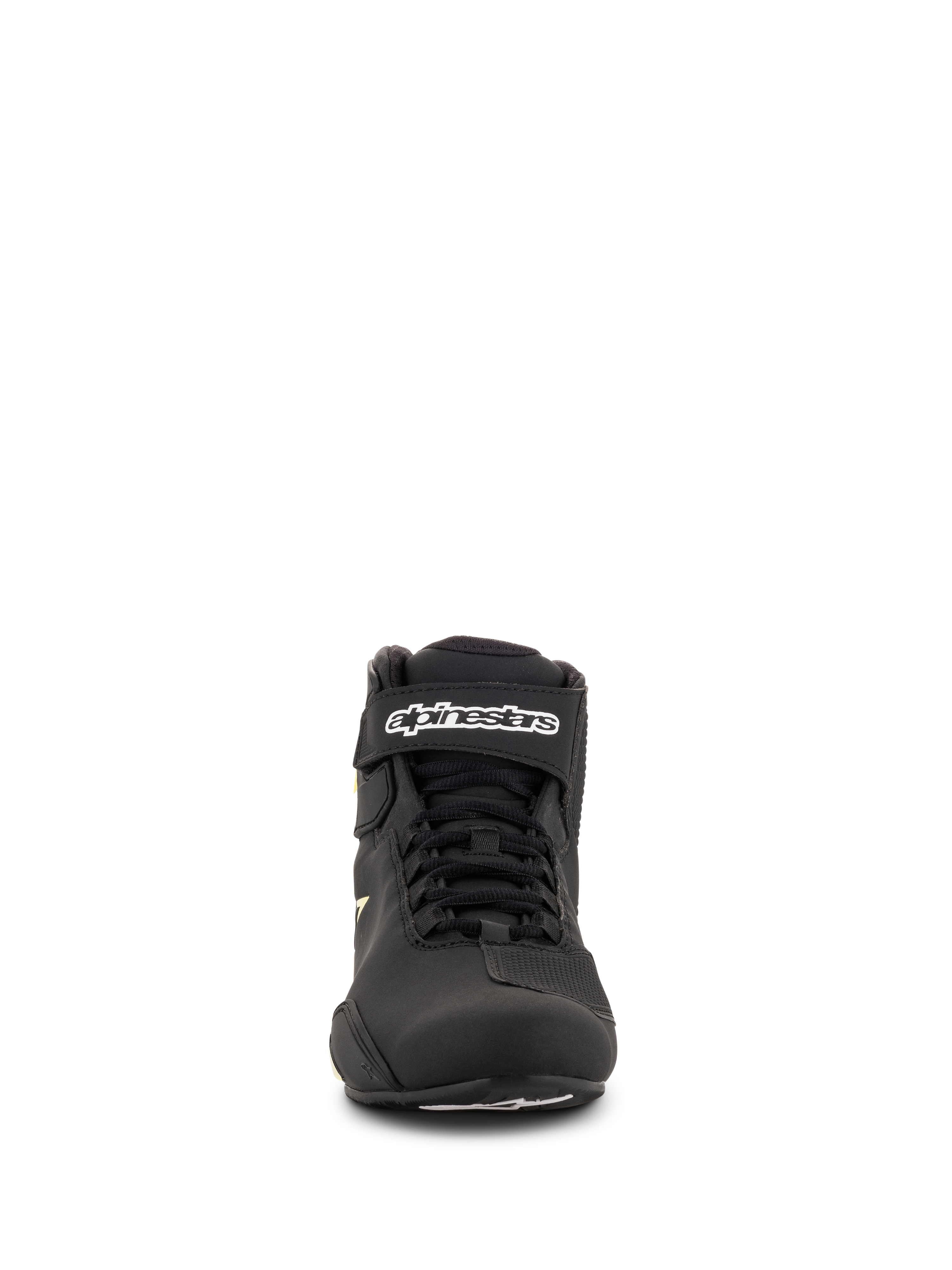 Alpinestars Sektor Shoes, scarpe da moto, nero e giallo fluo, vista frontale con sistema di allacciatura rapida, cinturino alla caviglia con logo bianco e struttura in microfibra leggera