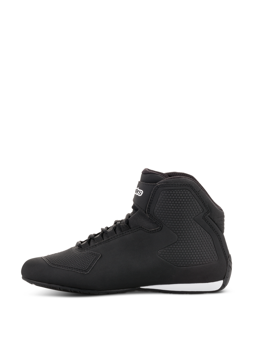 Scarpe Alpinestars Sektor, scarpe da moto, nero e grigio scuro, vista laterale, con struttura in microfibra leggera, sistema di allacciatura rapida con cinturino alla caviglia e pannelli protettivi testurizzati.