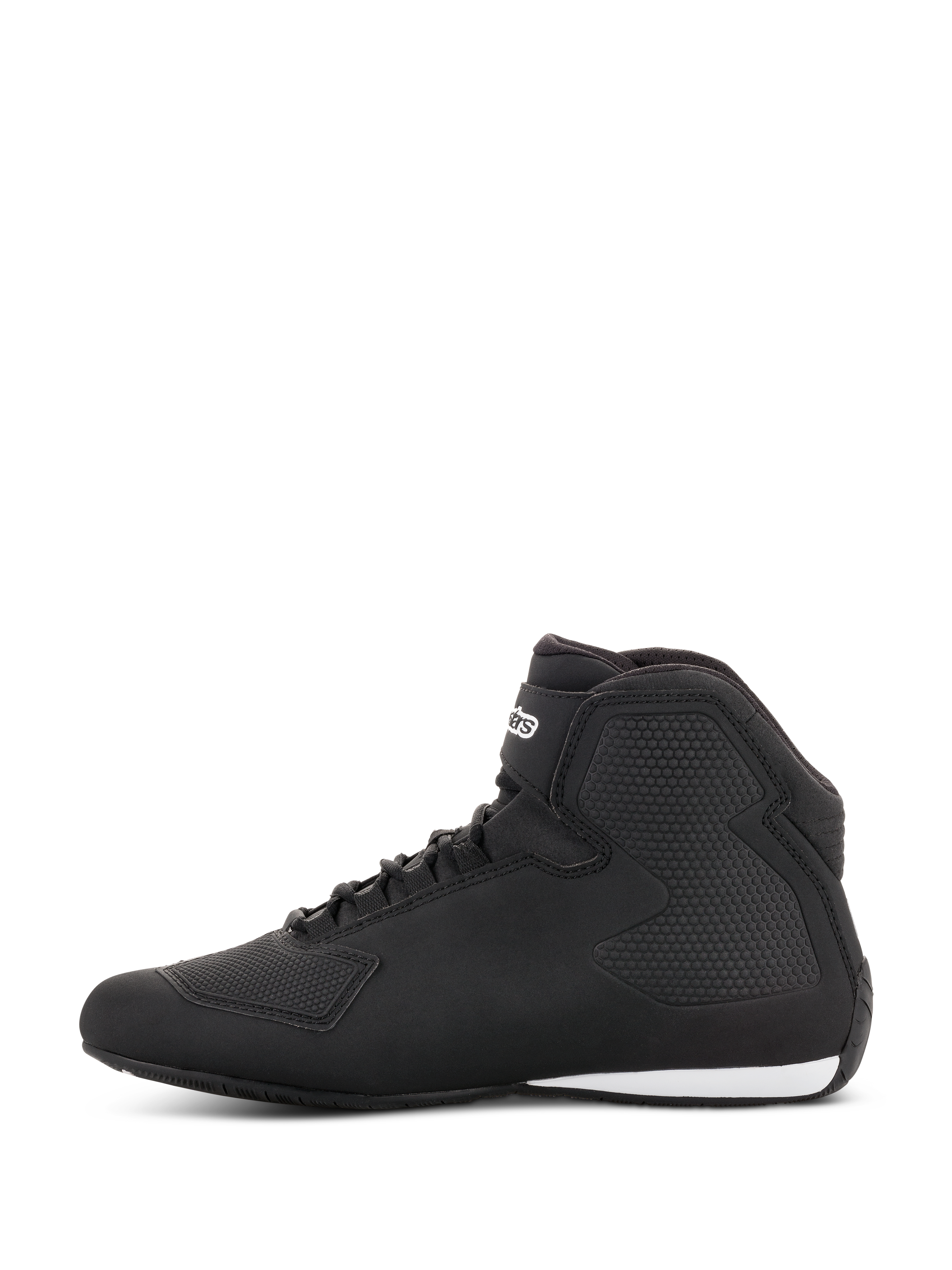 Scarpe Alpinestars Sektor, scarpe da moto, nero e grigio scuro, vista laterale, con struttura in microfibra leggera, sistema di allacciatura rapida con cinturino alla caviglia e pannelli protettivi testurizzati.