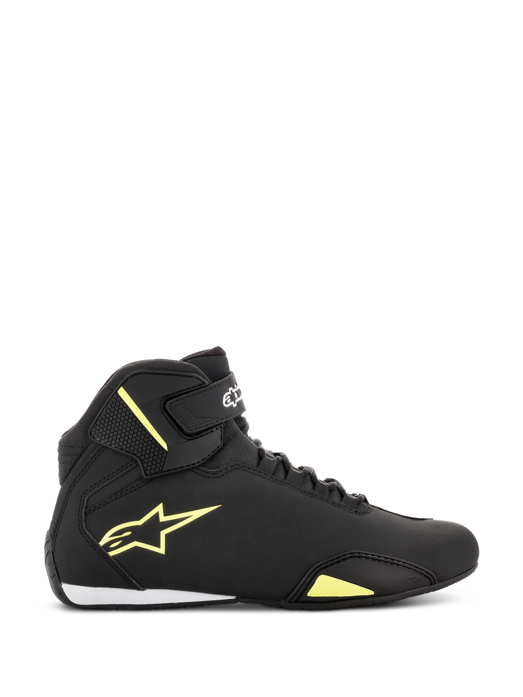 Alpinestars Scarpe Sektor, scarpe da moto, nero e giallo fluorescente, vista laterale con logo Astars giallo, cinturino alla caviglia con marchio bianco, sistema di allacciatura rapida e struttura in microfibra