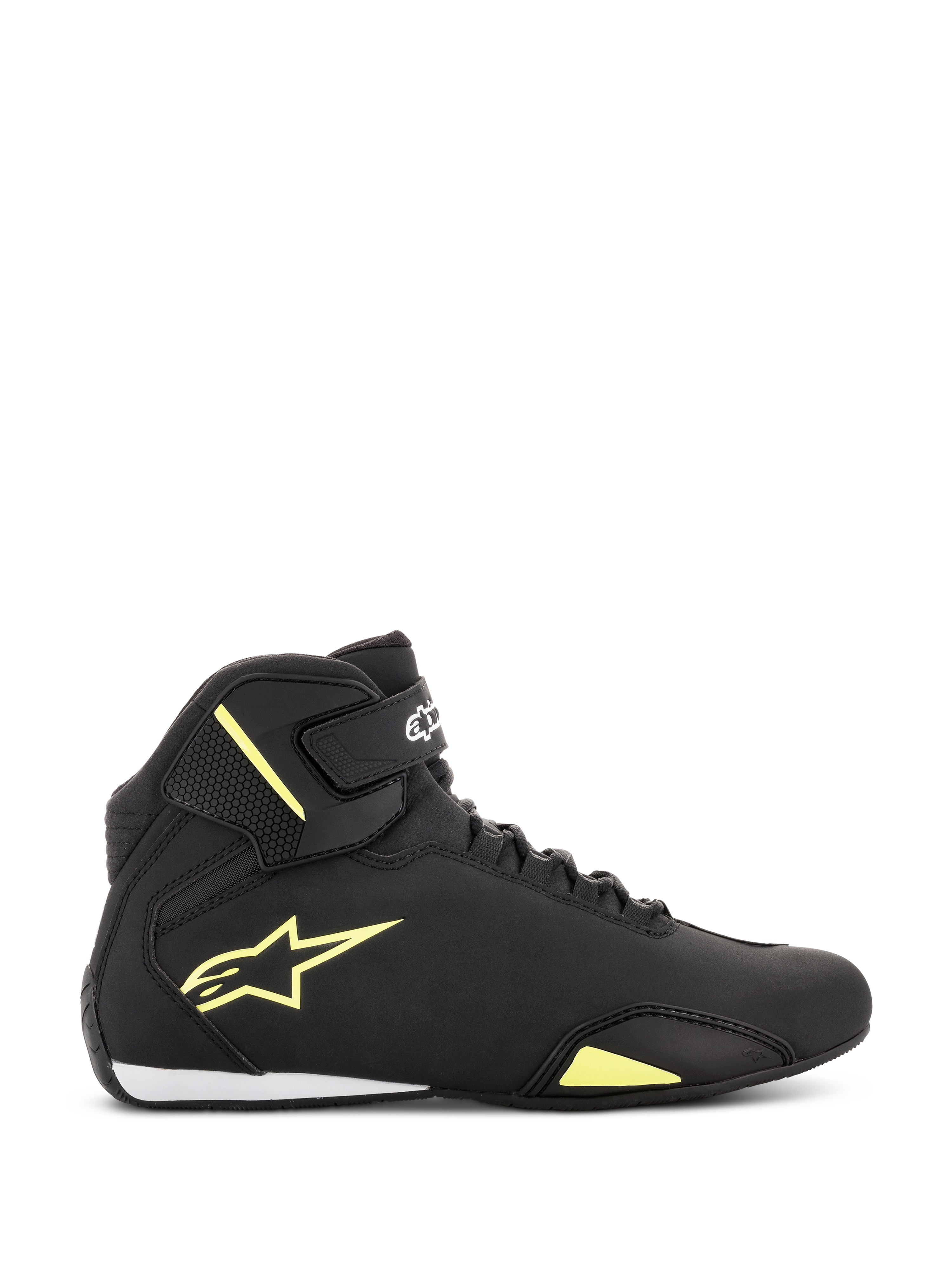Alpinestars Scarpe Sektor, scarpe da moto, nero e giallo fluorescente, vista laterale con logo Astars giallo, cinturino alla caviglia con marchio bianco, sistema di allacciatura rapida e struttura in microfibra