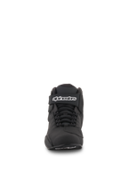 Scarpe Alpinestars Sektor, nero, vista frontale, con sistema di allacciatura rapida e cinturino alla caviglia con logo Alpinestars, calzature da moto in microfibra leggera