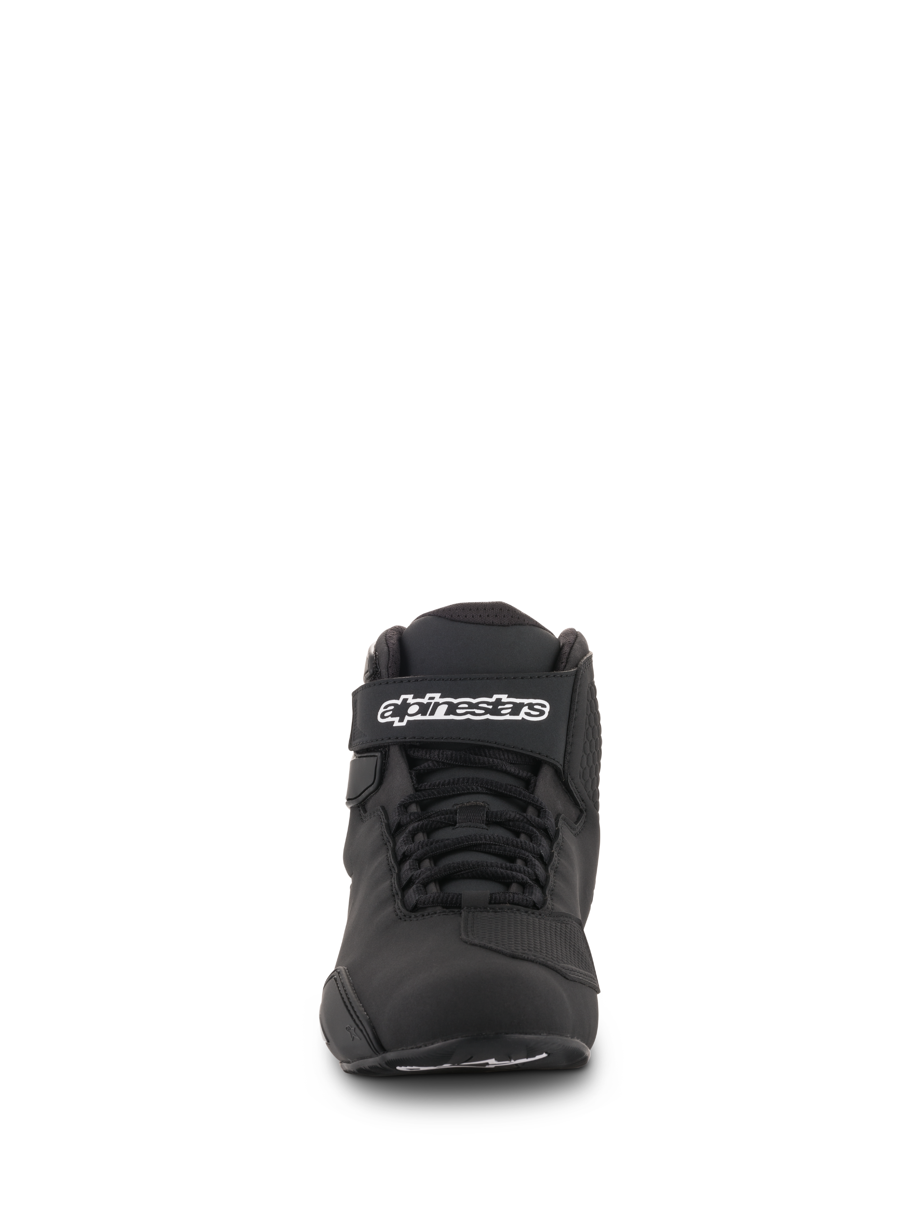 Scarpe Alpinestars Sektor, nero, vista frontale, con sistema di allacciatura rapida e cinturino alla caviglia con logo Alpinestars, calzature da moto in microfibra leggera
