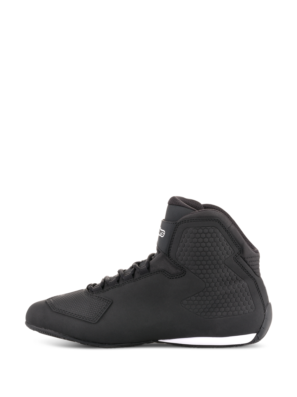 Scarpe Alpinestars Sektor, scarpe da moto, nero, vista laterale, design a stivaletto con lacci, tomaia in microfibra, protezione caviglia testurizzata, look elegante di ispirazione racing con dettaglio bianco sulla suola