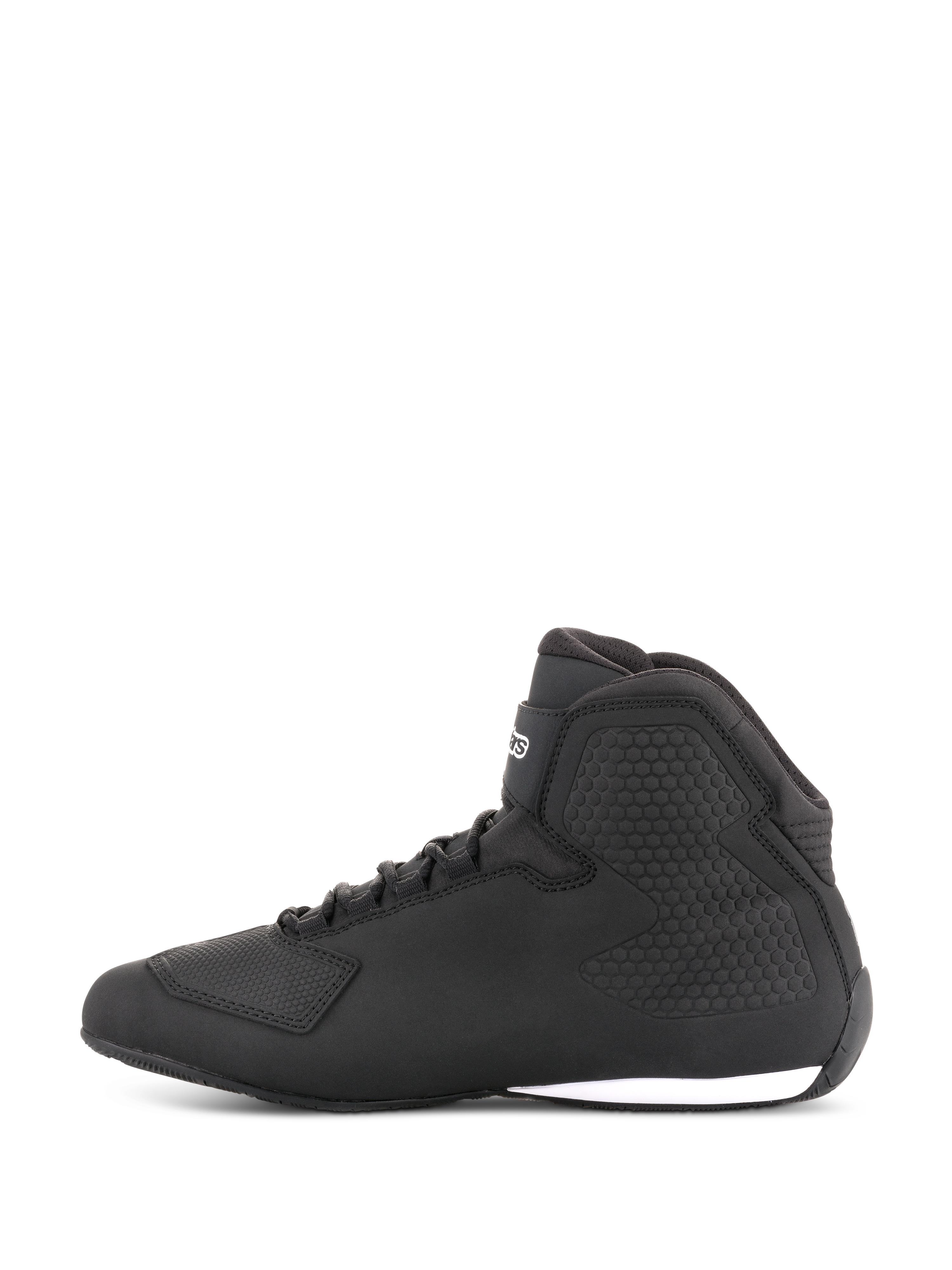 Scarpe Alpinestars Sektor, scarpe da moto, nero, vista laterale, design a stivaletto con lacci, tomaia in microfibra, protezione caviglia testurizzata, look elegante di ispirazione racing con dettaglio bianco sulla suola