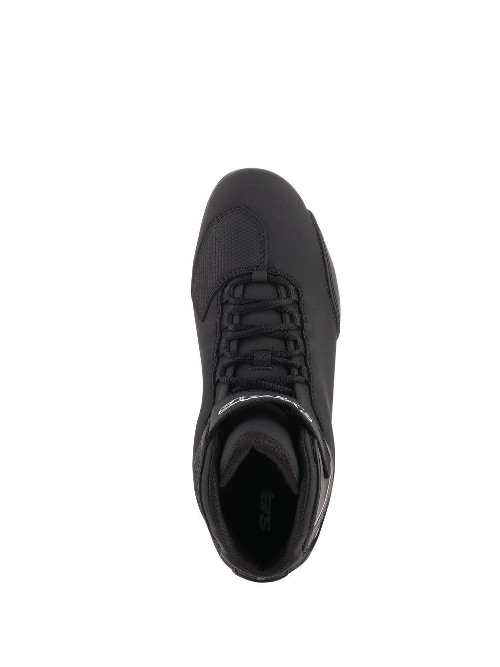 Scarpe Alpinestars Sektor, scarpe da moto, nero, vista dall'alto con sistema di allacciatura rapida, cinturino alla caviglia con logo bianco e zona della punta rinforzata, elegante struttura in microfibra